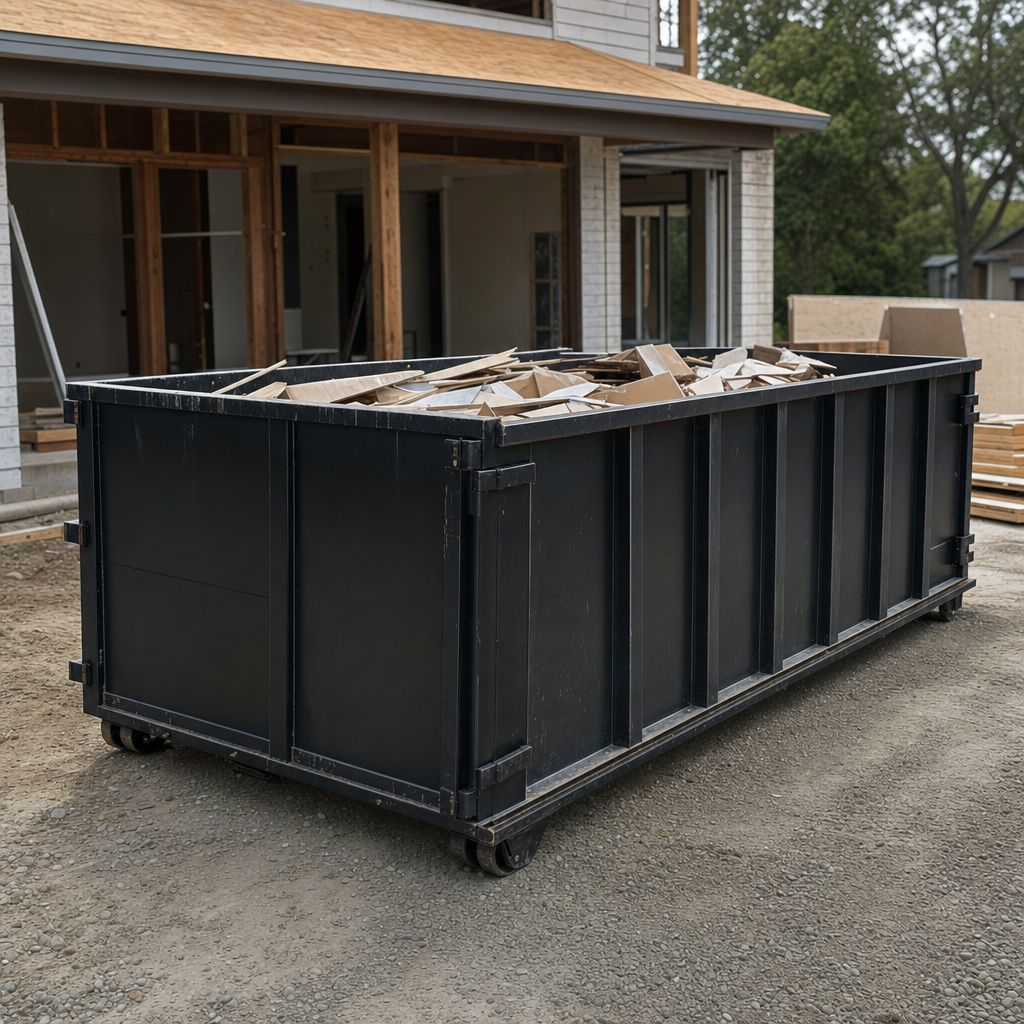 Large matte-black 30-yard construction roll-off dumpster at an active Toledo jobsite, steel-gray top rails and bottom rollers visible, loaded with construction debris.