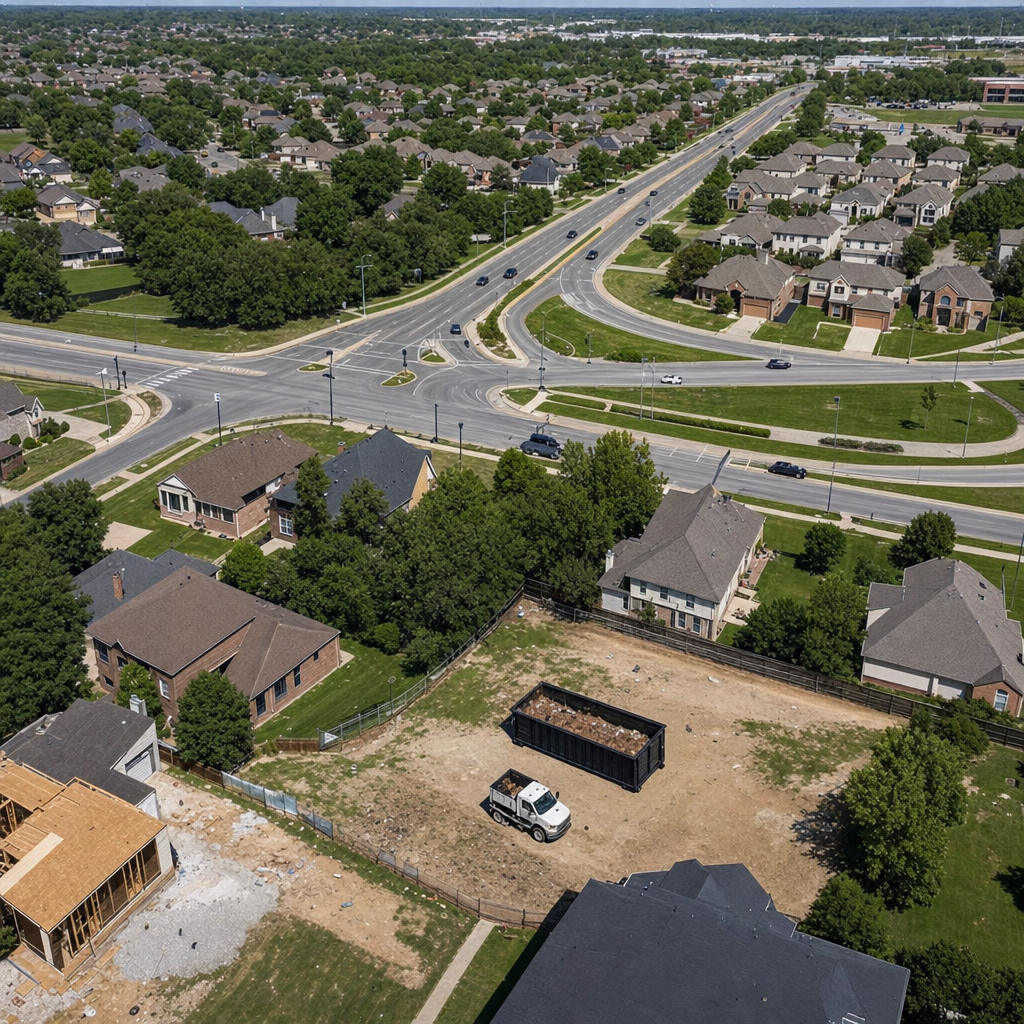 An overhead documentary view of the Toledo metro area at midday, showing the spread of neighborhoods, arterial roads, and the dispatch radius from a central yard — clean daylight, organized geographic layout.